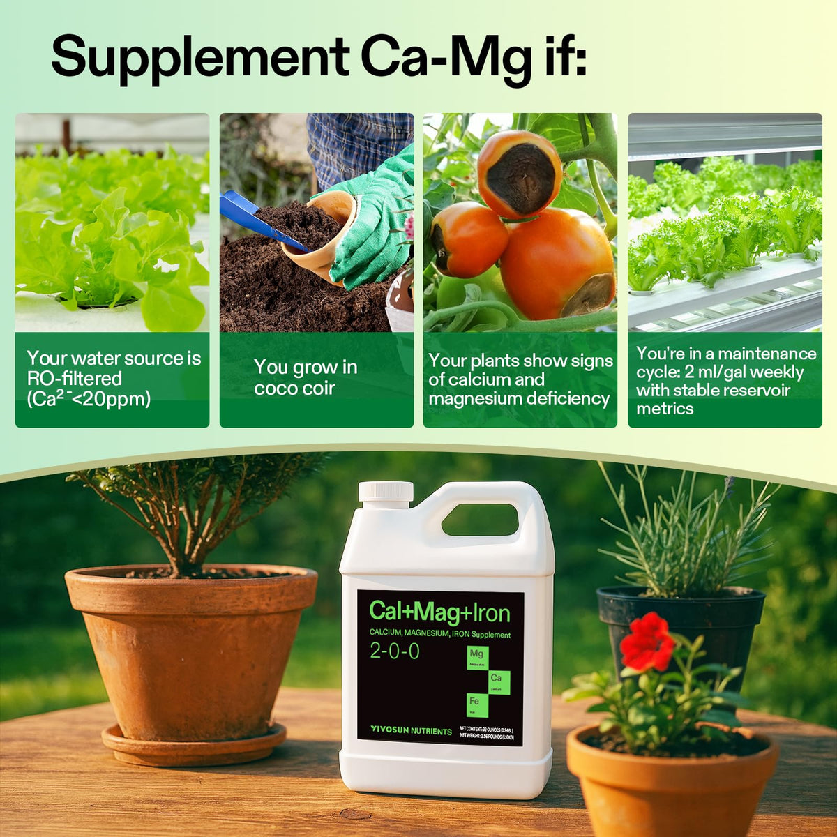 VIVOSUN Cal+Mag+Iron label highlights calcium, magnesium, and iron benefits