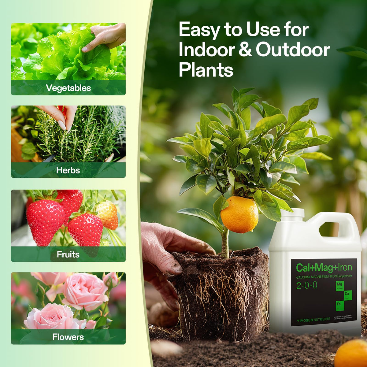 VIVOSUN Cal+Mag+Iron bottle displayed with plant leaves showing vibrant growth potential