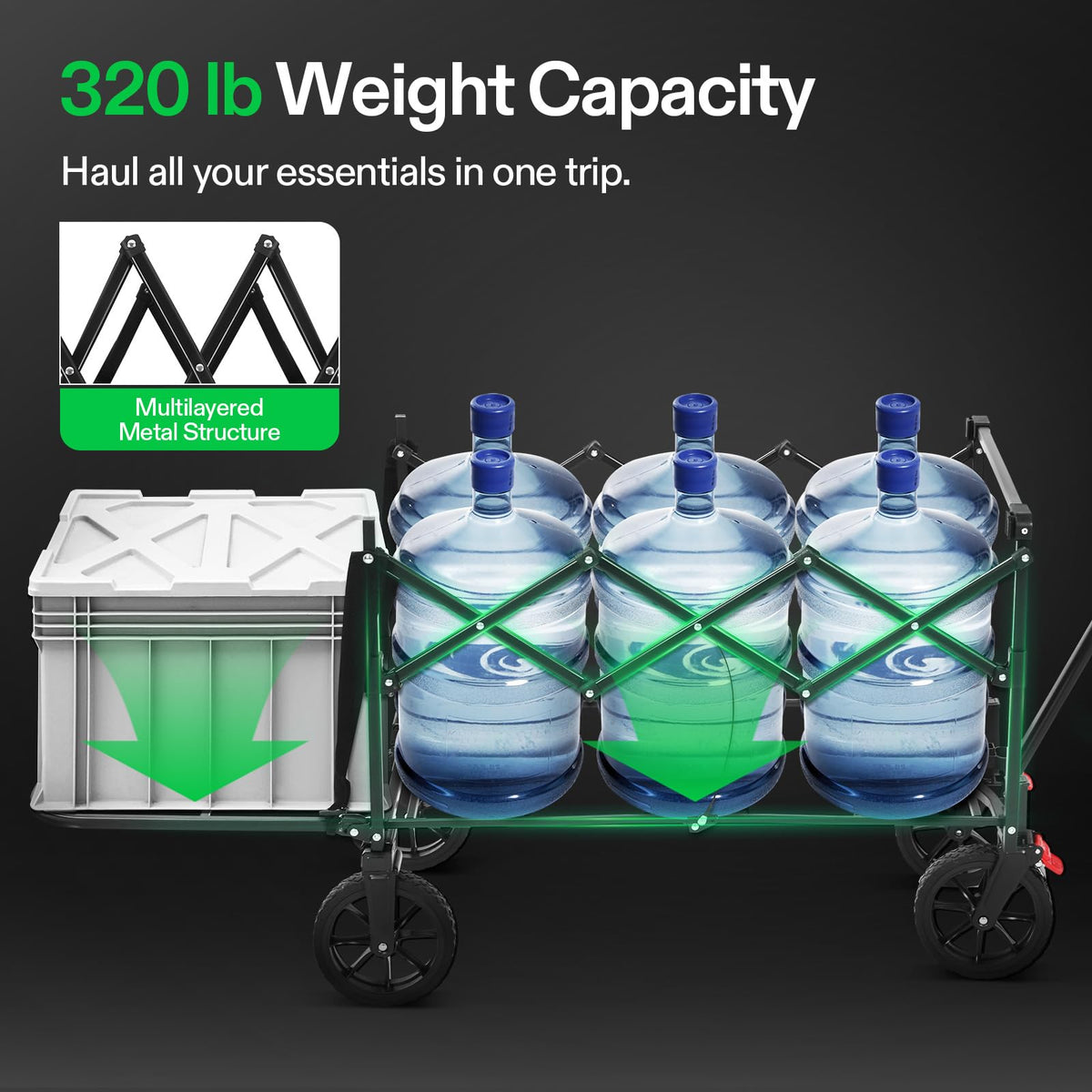 VIVOSUN collapsible wagon shows 320 lb load capacity for gear