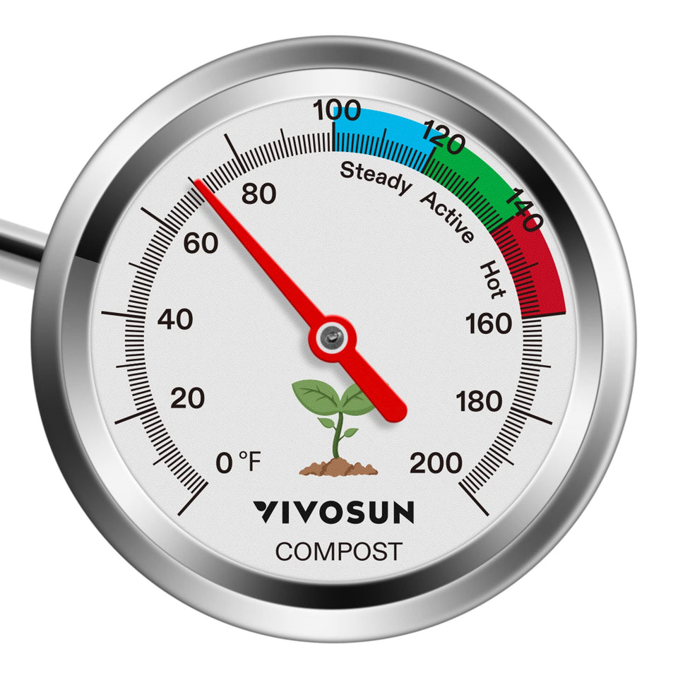 VIVOSUN compost thermometer dial close-up showing clear readout for accurate readings.