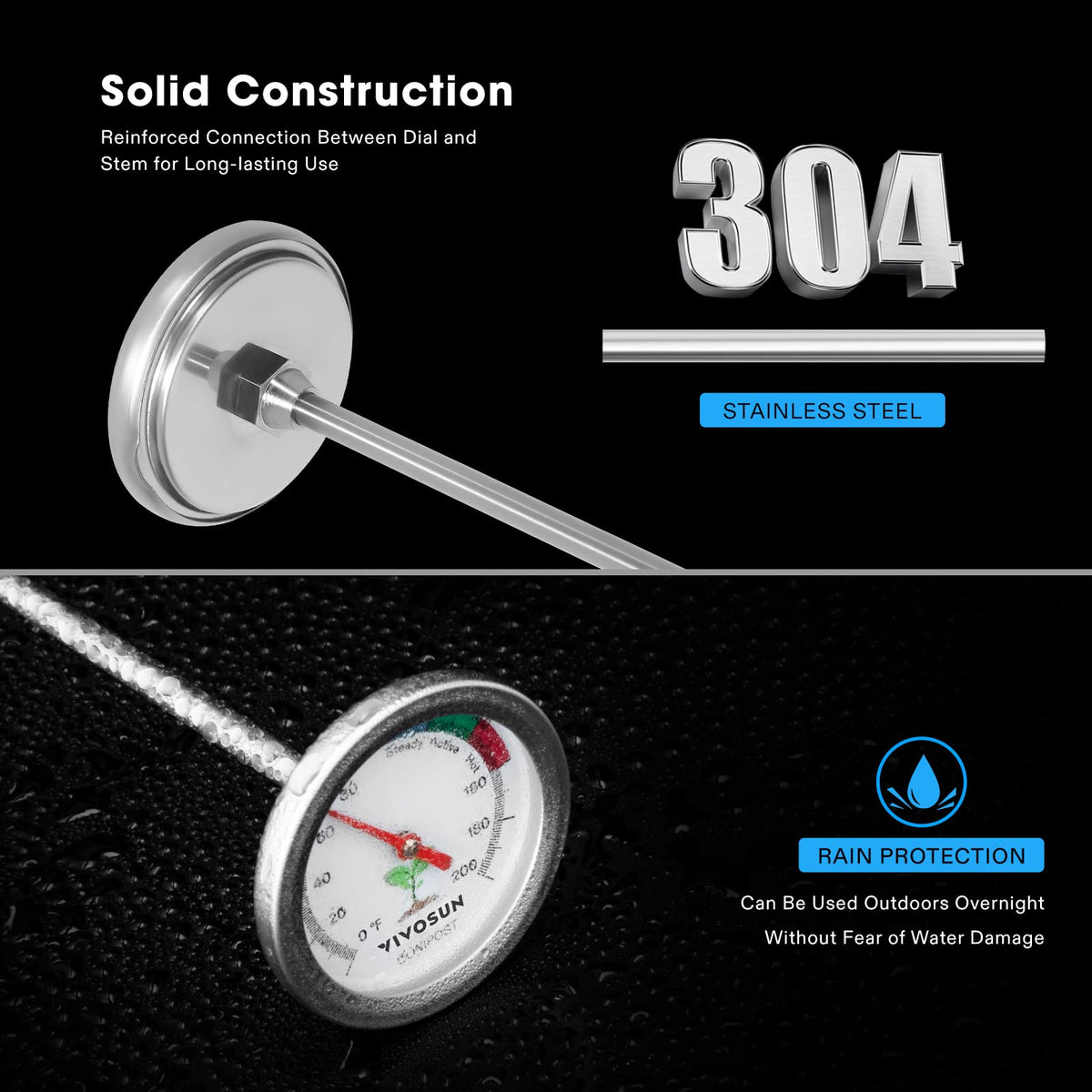 VIVOSUN rugged-frame compost thermometer suitable for outdoor use.