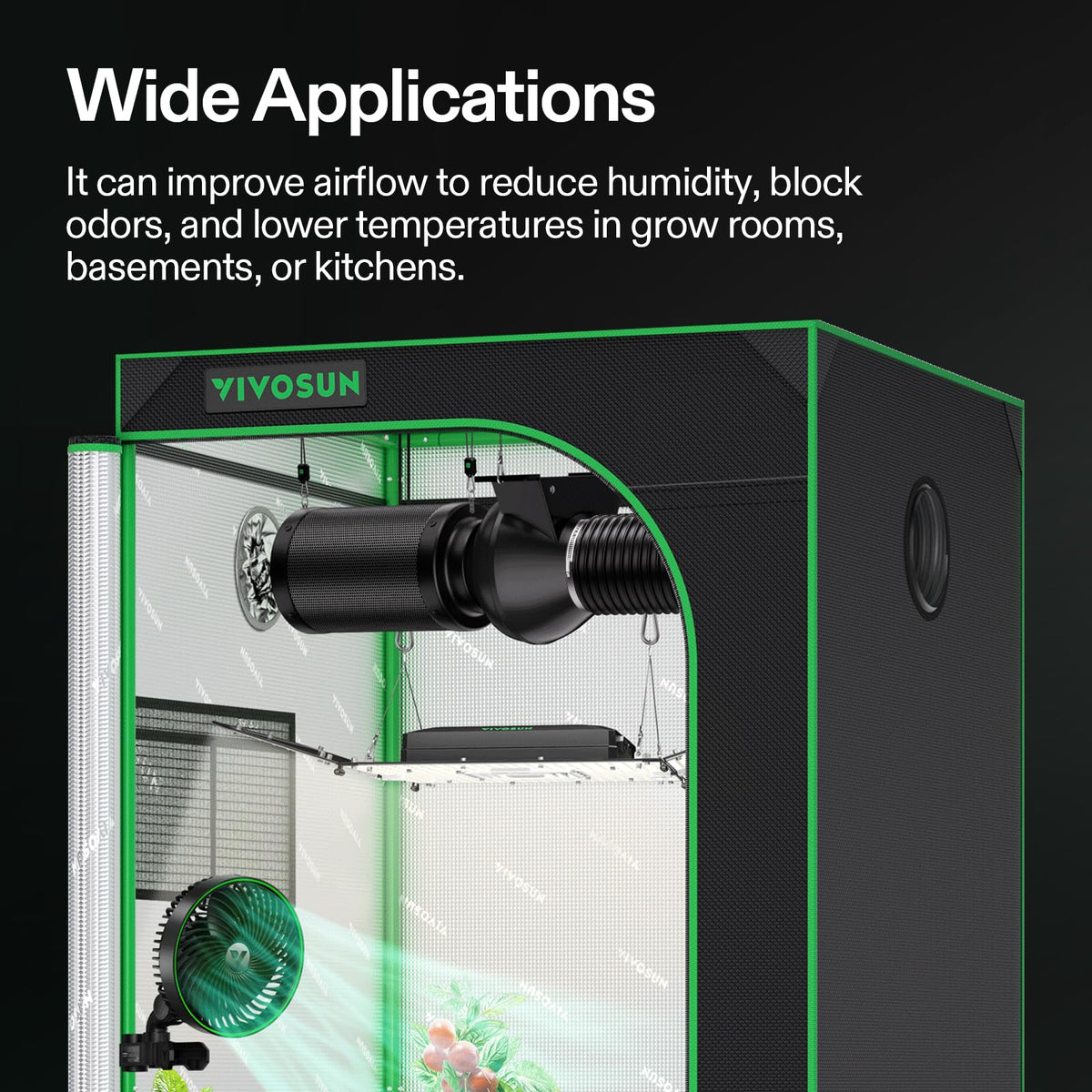 VIVOSUN D4 intake and exhaust flanges enable quick, secure hookups.