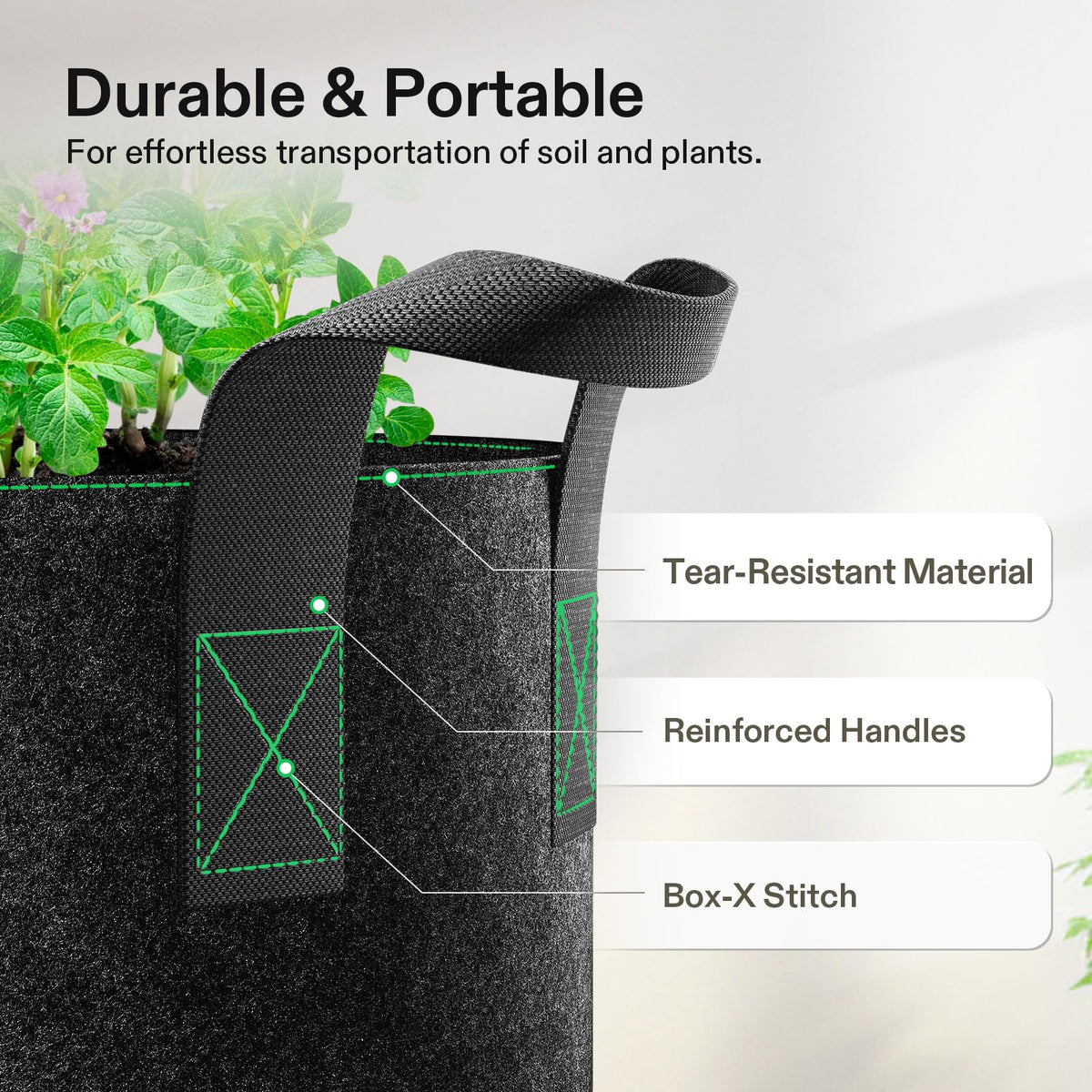 VIVOSUN grow bags with reinforced handles for easy transport of full soil bags.