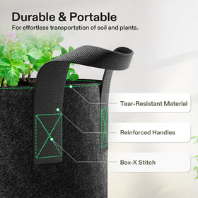VIVOSUN grow bags with reinforced handles for easy transport of full soil bags.