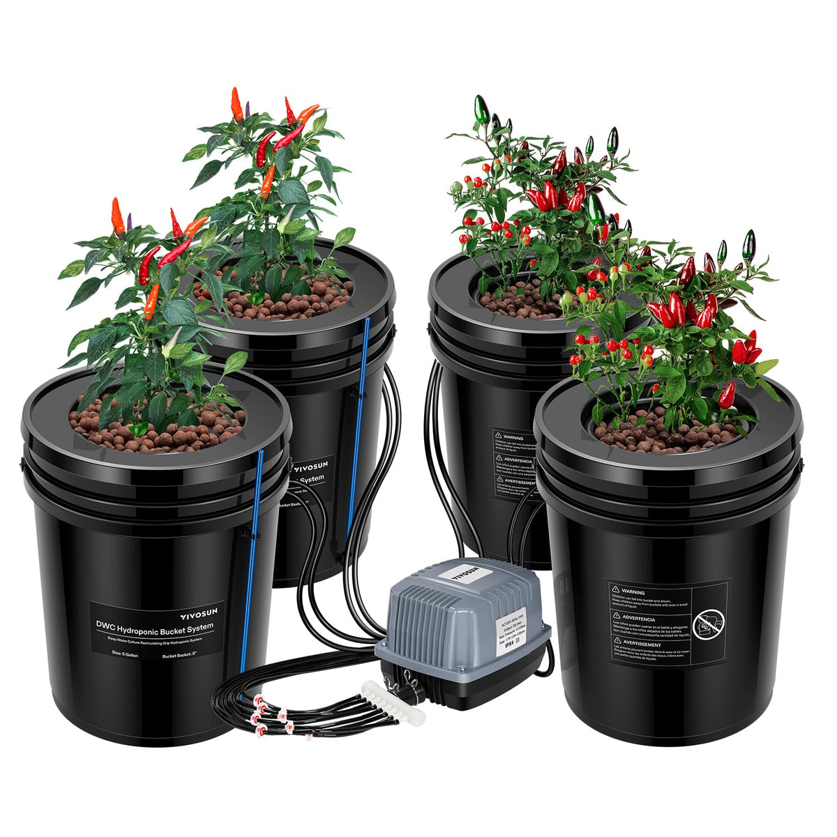 VIVOSUN DWC top drip kit buckets in a compact setup promoting nutrient circulation.