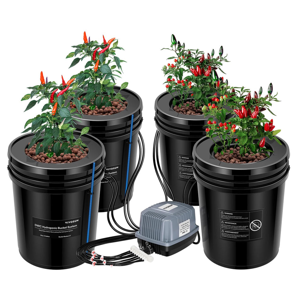 VIVOSUN DWC top drip kit buckets in a compact setup promoting nutrient circulation.