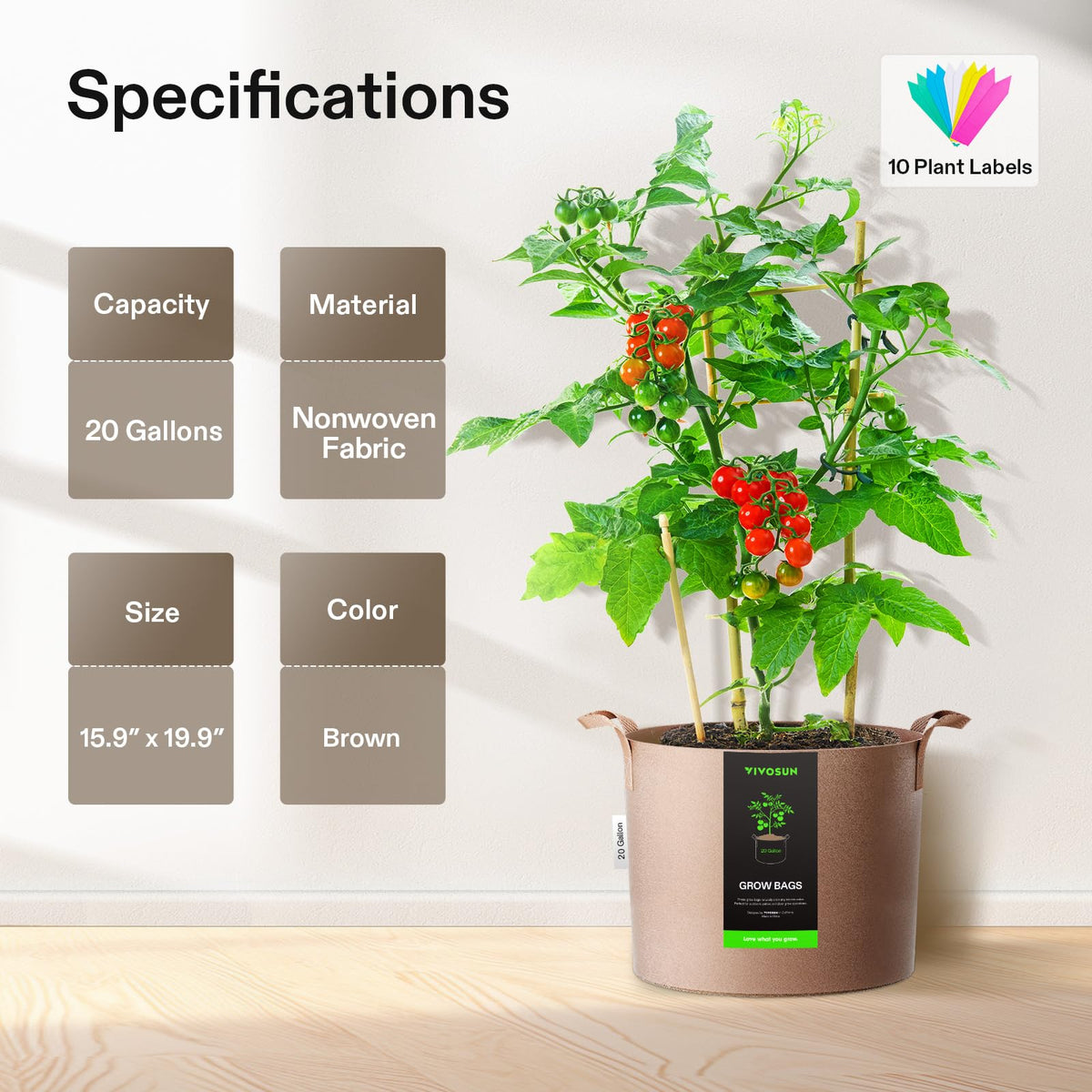 VIVOSUN grow bag side view highlighting sturdy strap handles and wide opening.