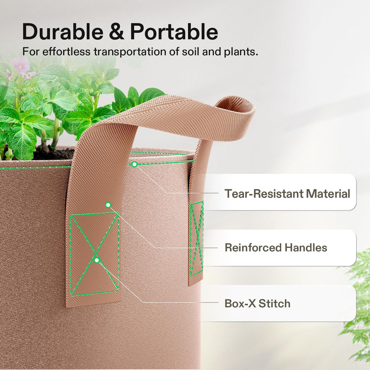 VIVOSUN grow bags feature double-stitched handles for easy transport.