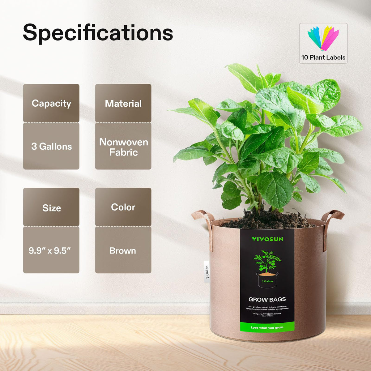 VIVOSUN grow bags feature sturdy strap handles for easy lifting and transport.