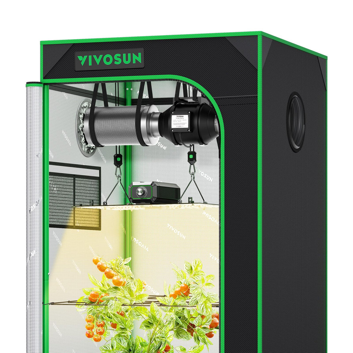 VIVOSUN grow tent kit interior setup with light, fan, and accessories ready