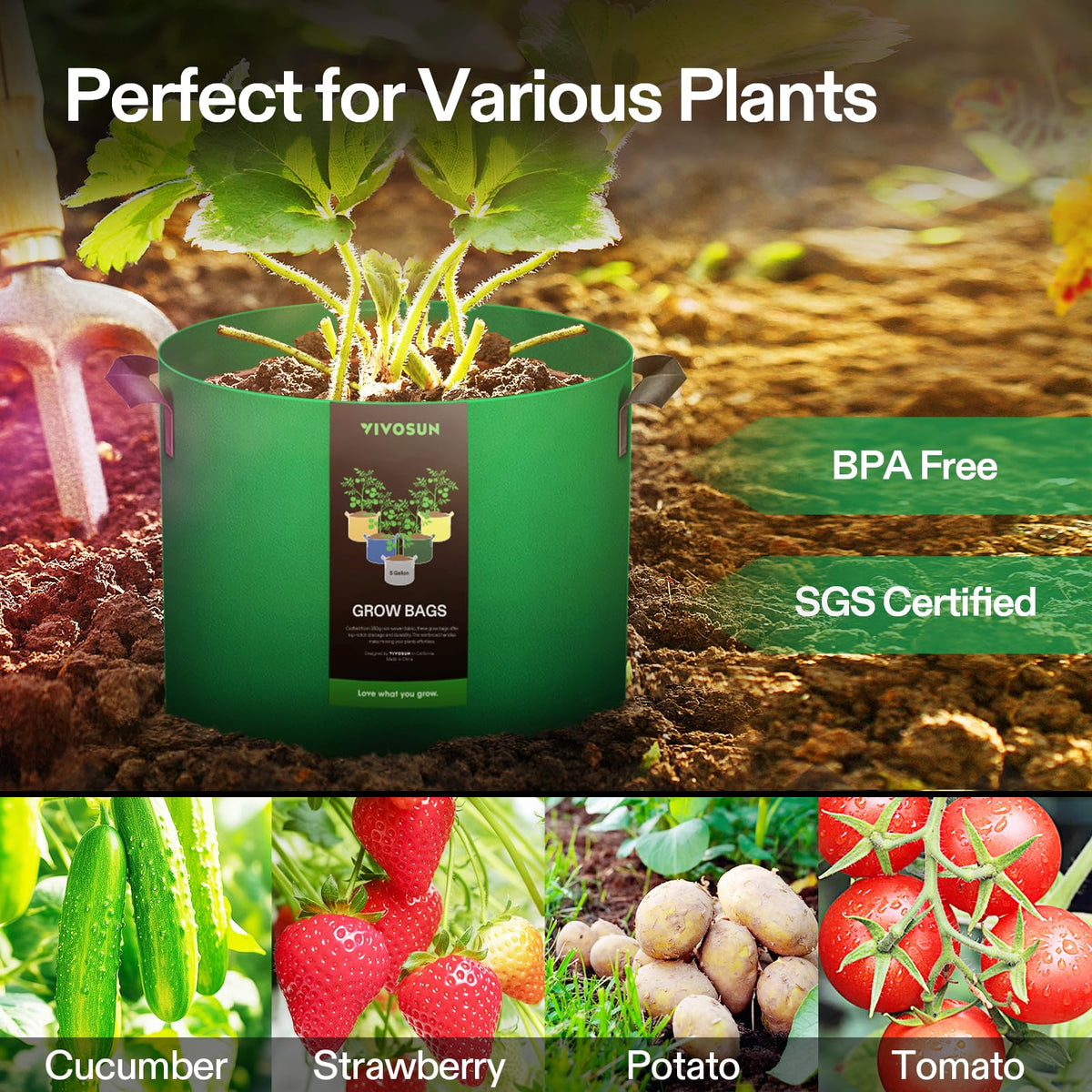VIVOSUN sturdy handles with reinforced stitching for easy plant relocation.