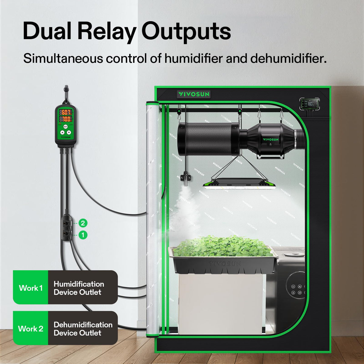 VIVOSUN humidity controller dual LED displays enable easy setpoint and measured humidity monitoring