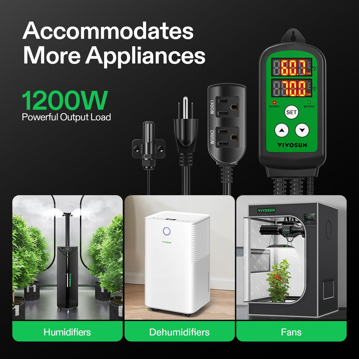 VIVOSUN humidity controller dual-relay design controls humidifier and dehumidifier in sync