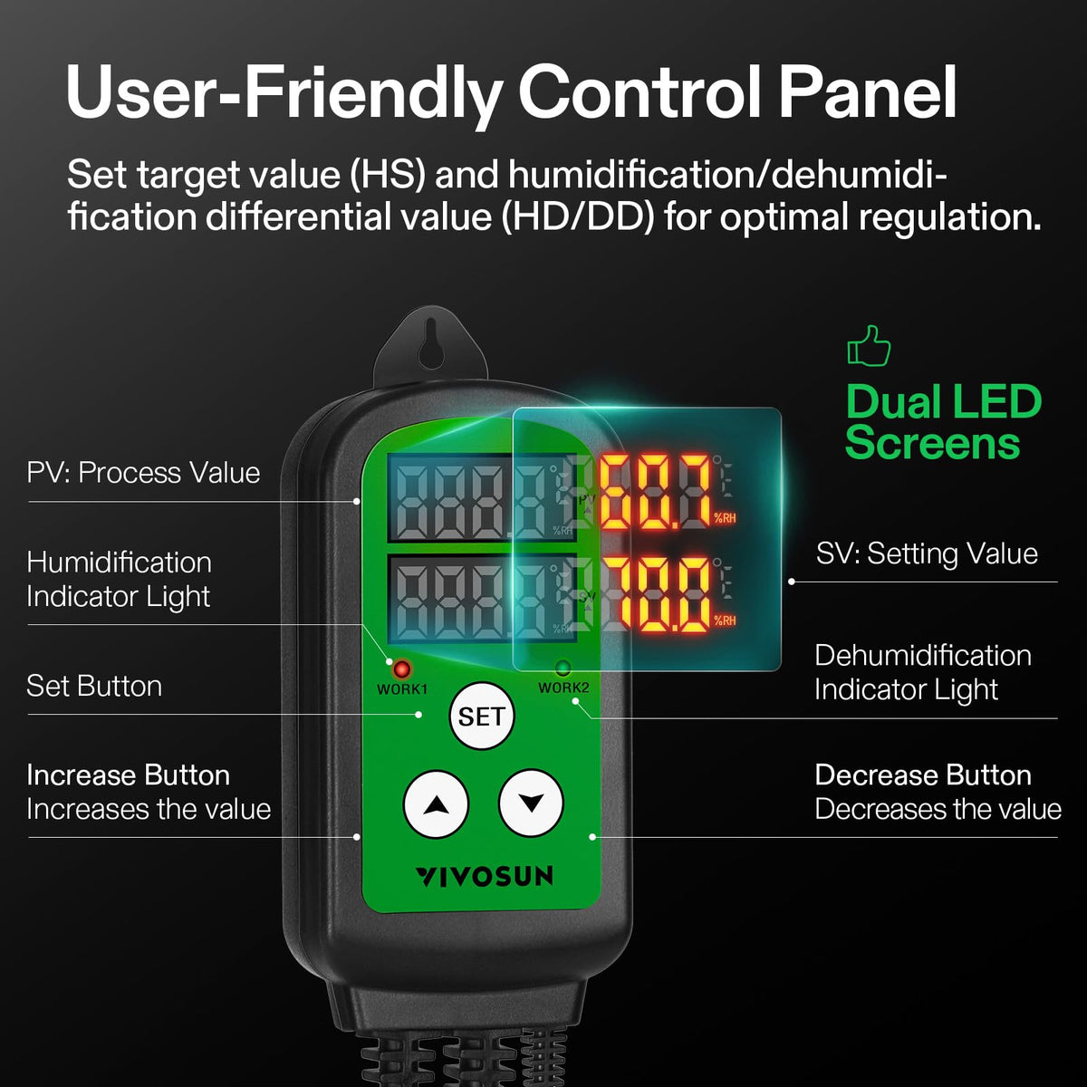 VIVOSUN humidity controller hanging tab and long cord simplify installation in grow tents