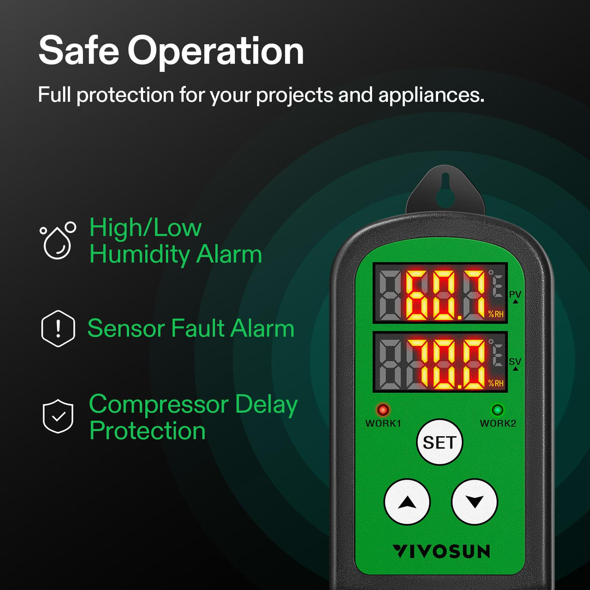 VIVOSUN safety alarms and compressor delay protect equipment