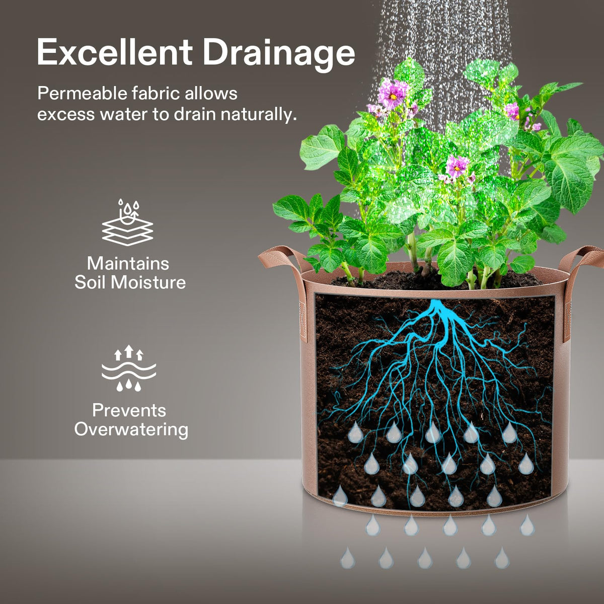 VIVOSUN indoor/outdoor use grow bags suited for soil or soil mixes.