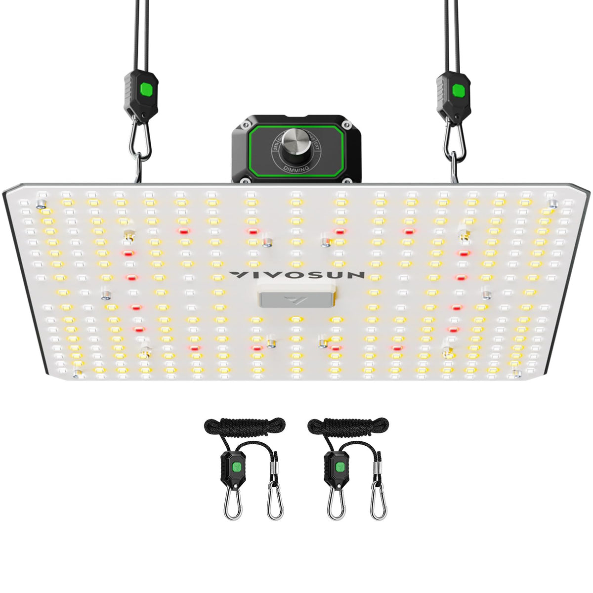 VIVOSUN LumaLight 100W full-spectrum LED over seedlings for healthy start.