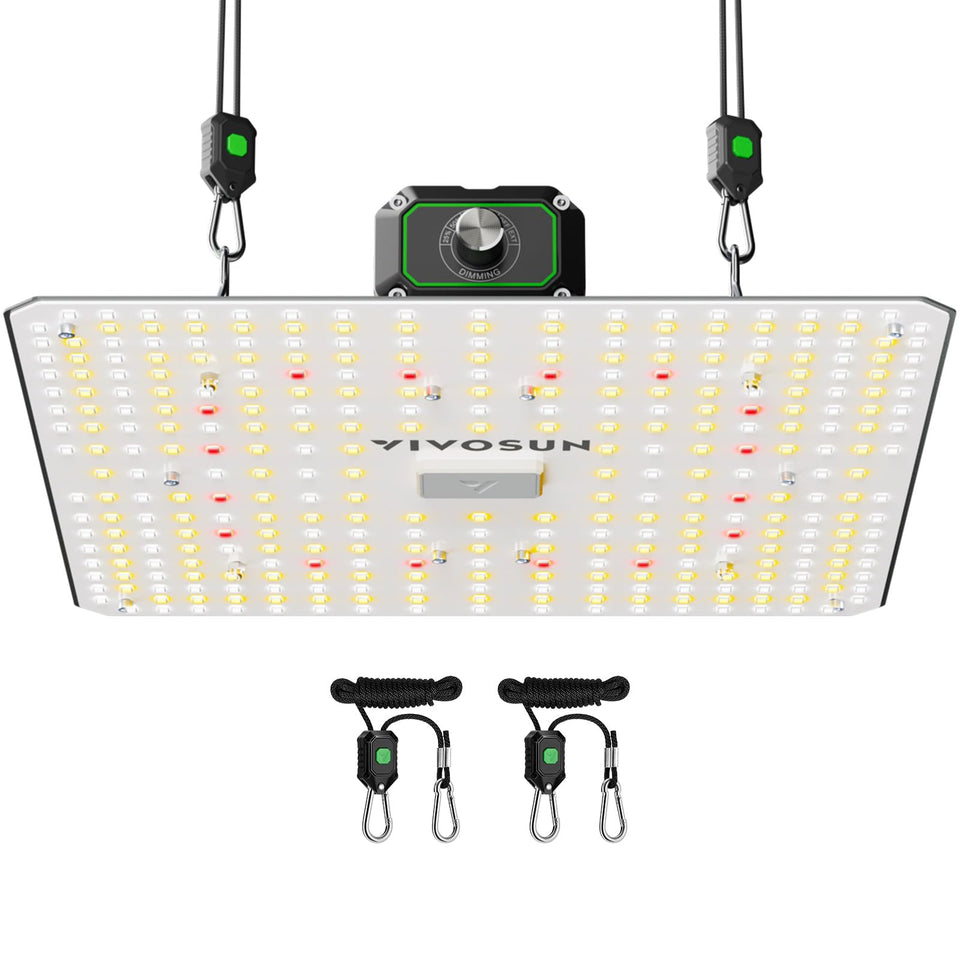 VIVOSUN LumaLight 100W full-spectrum LED over seedlings for healthy start.