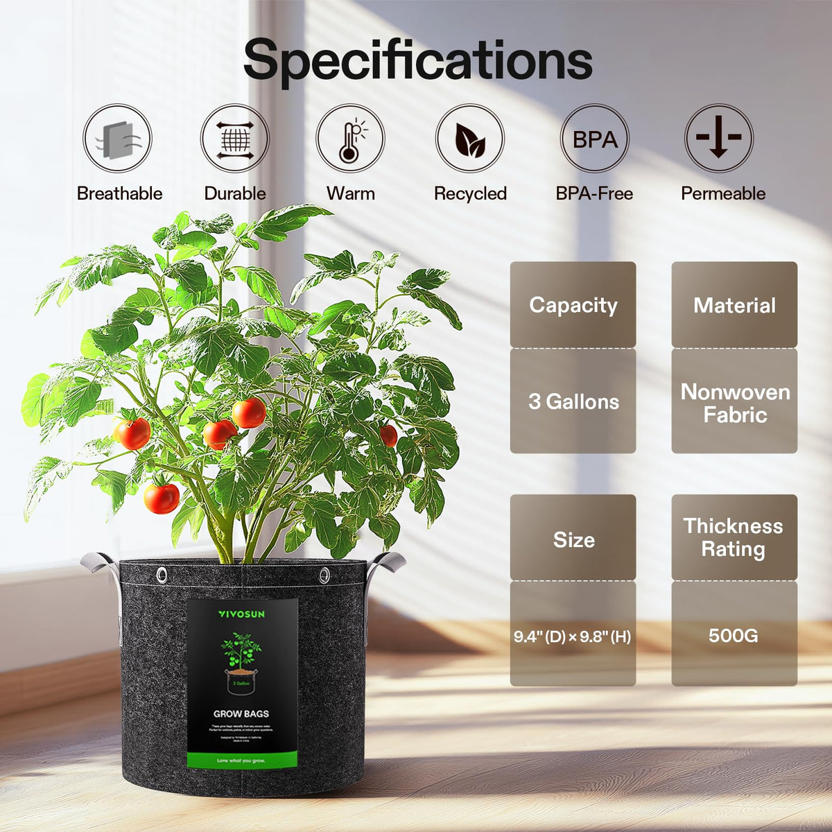 VIVOSUN multi-use grow bags suitable for fruits, vegetables, and flowers.