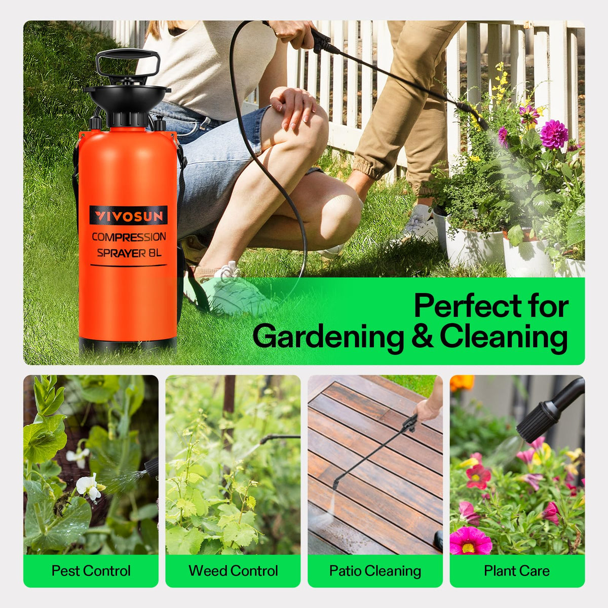 VIVOSUN pump sprayer 2 gallon ideal for gardening, cleaning, and pets.