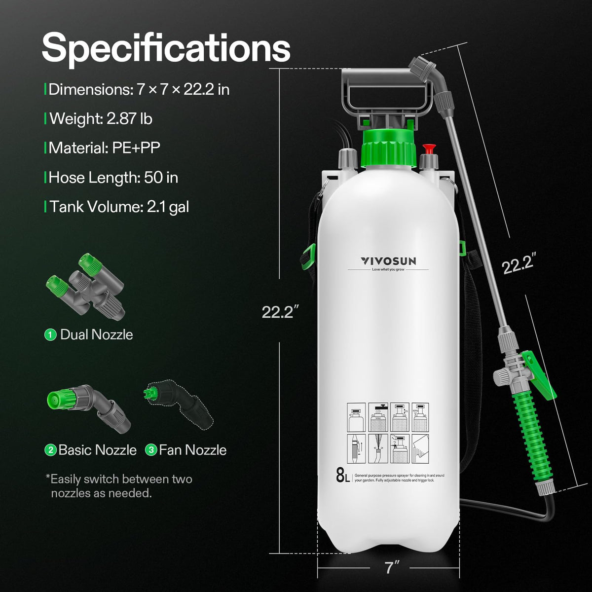 Durable base of the VIVOSUN sprayer adds stability during outdoor use.