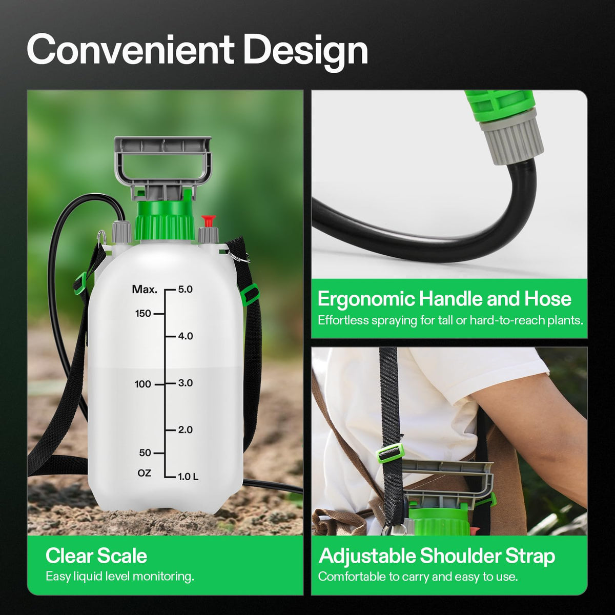 22.2-inch wand and 50-inch hose extend reach for irrigation.