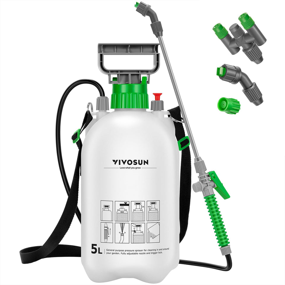 VIVOSUN pump sprayer with a shoulder strap for easy garden spraying.