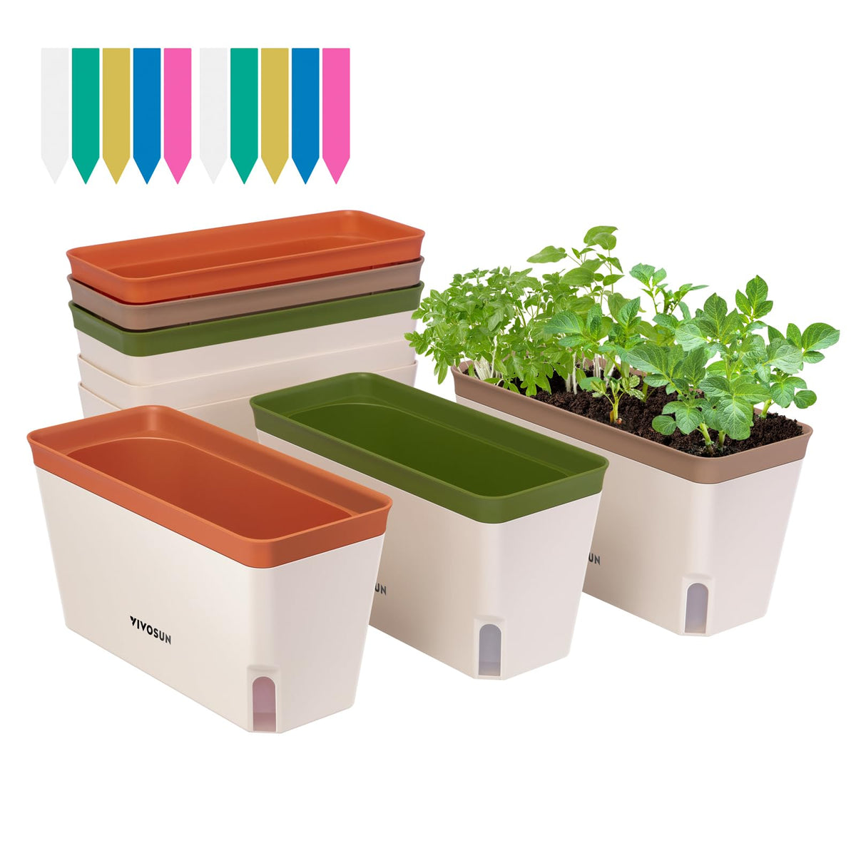 VIVOSUN self-watering planter 6-pack shows compact rectangular window design and moisture control.