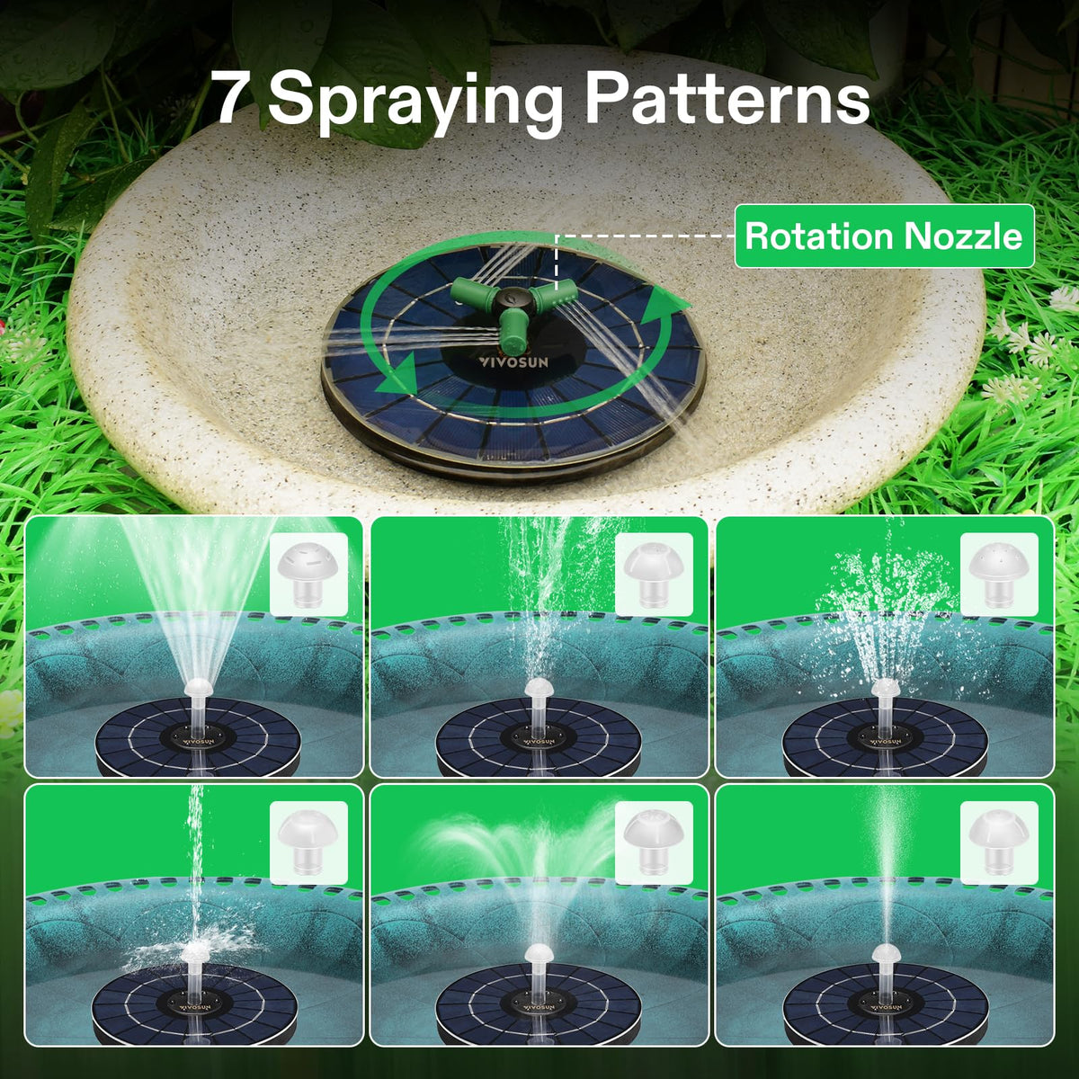 VIVOSUN solar fountain offers seven nozzle patterns for customized water displays.
