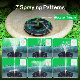 VIVOSUN solar fountain offers seven nozzle patterns for customized water displays.