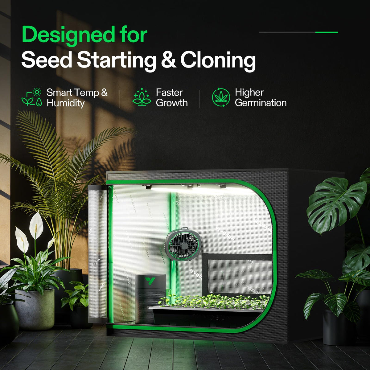 VIVOSUN T5 full-spectrum light illuminating young plants evenly.