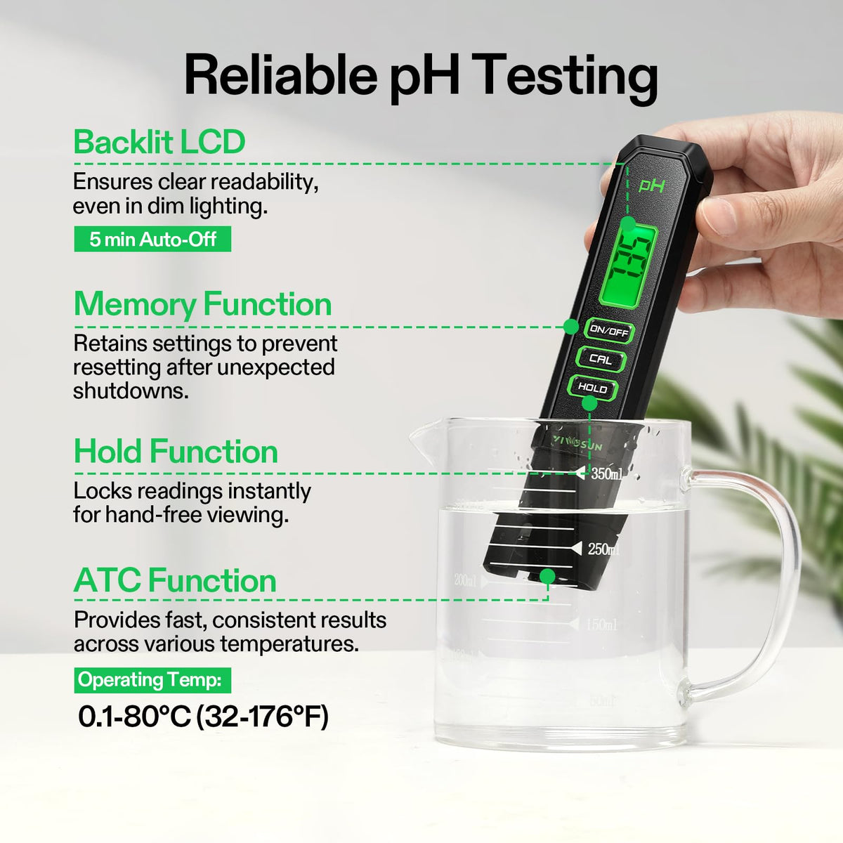 VIVOSUN TDS/EC meter backlit screen enabling readability in low light environments.