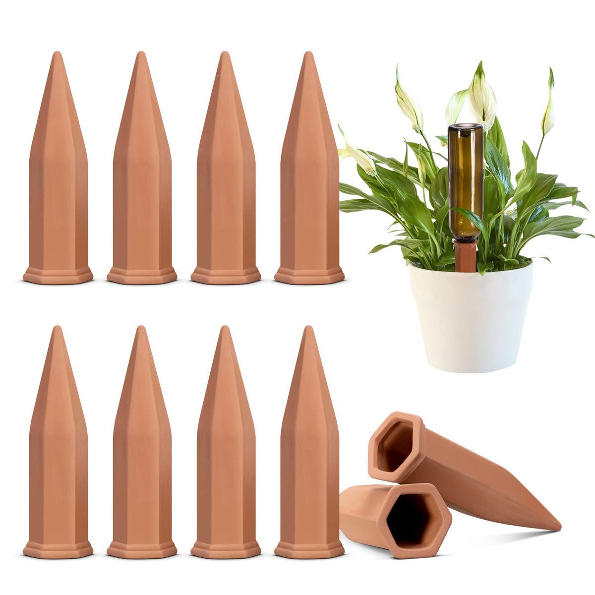 VIVOSUN terracotta spikes show material porosity for steady moisture delivery to potted plants