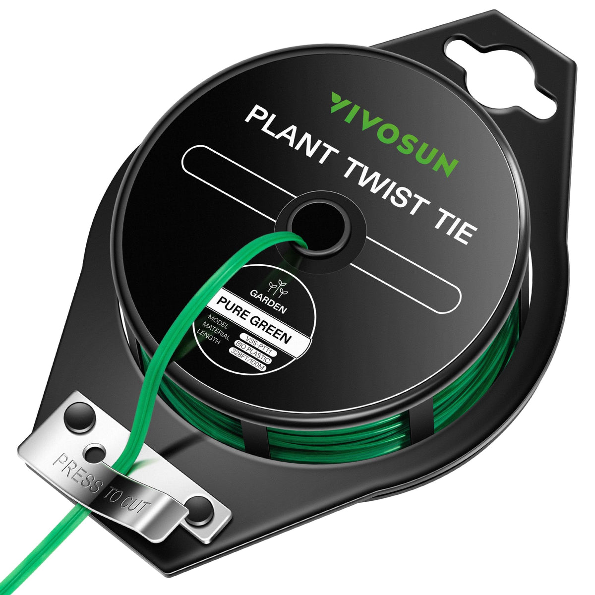 VIVOSUN Twist Ties roll in green with cutter, ideal for garden support.