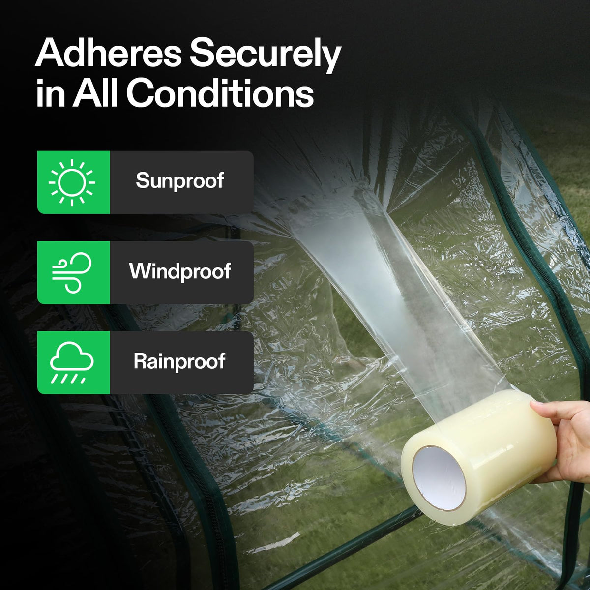 VIVOSUN weatherproof patch tape used on a greenhouse cover to resist sun and water