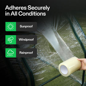 VIVOSUN weatherproof patch tape used on a greenhouse cover to resist sun and water