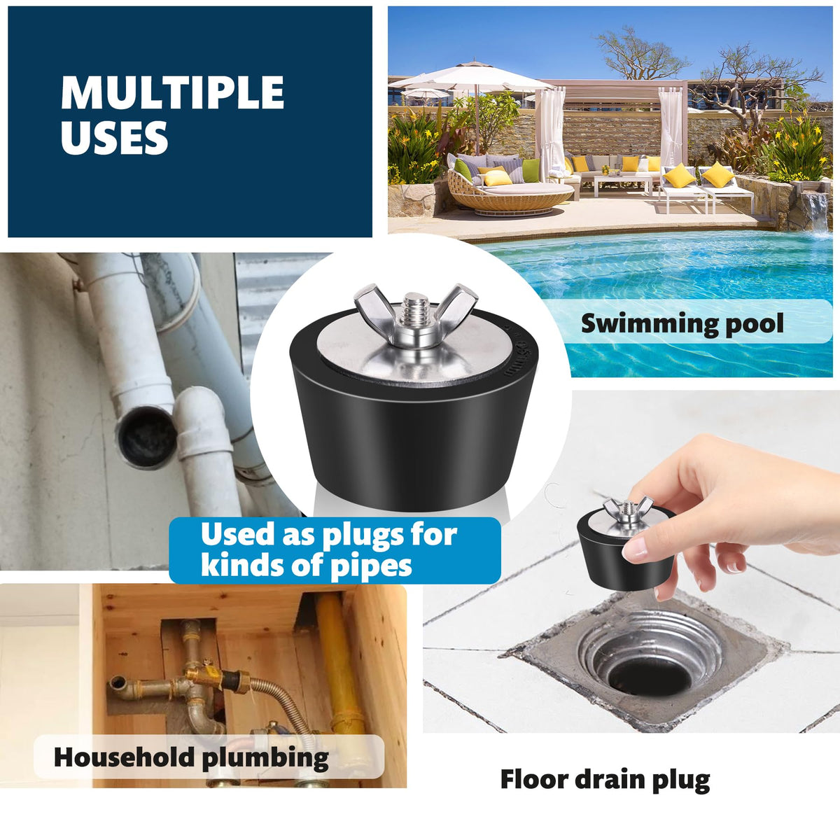 Vizava plug suitable for pools, sinks, tubs, and drains.