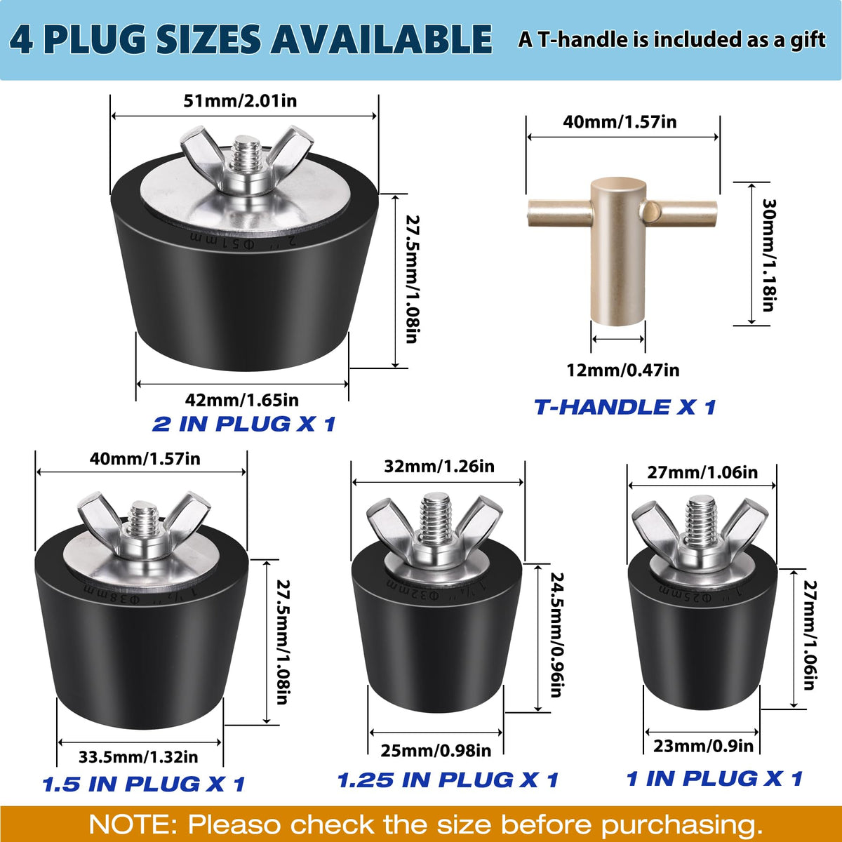 Vizava 1.25-inch rubber pool plug with T-handle for quick setup.
