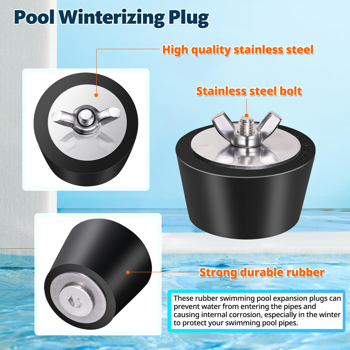 Vizava 2-inch rubber pool plug with T-handle for strong seal.