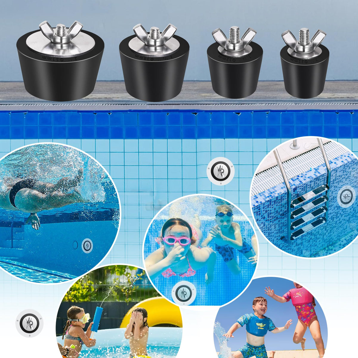 Vizava plug mounted on pool return port for winter protection.