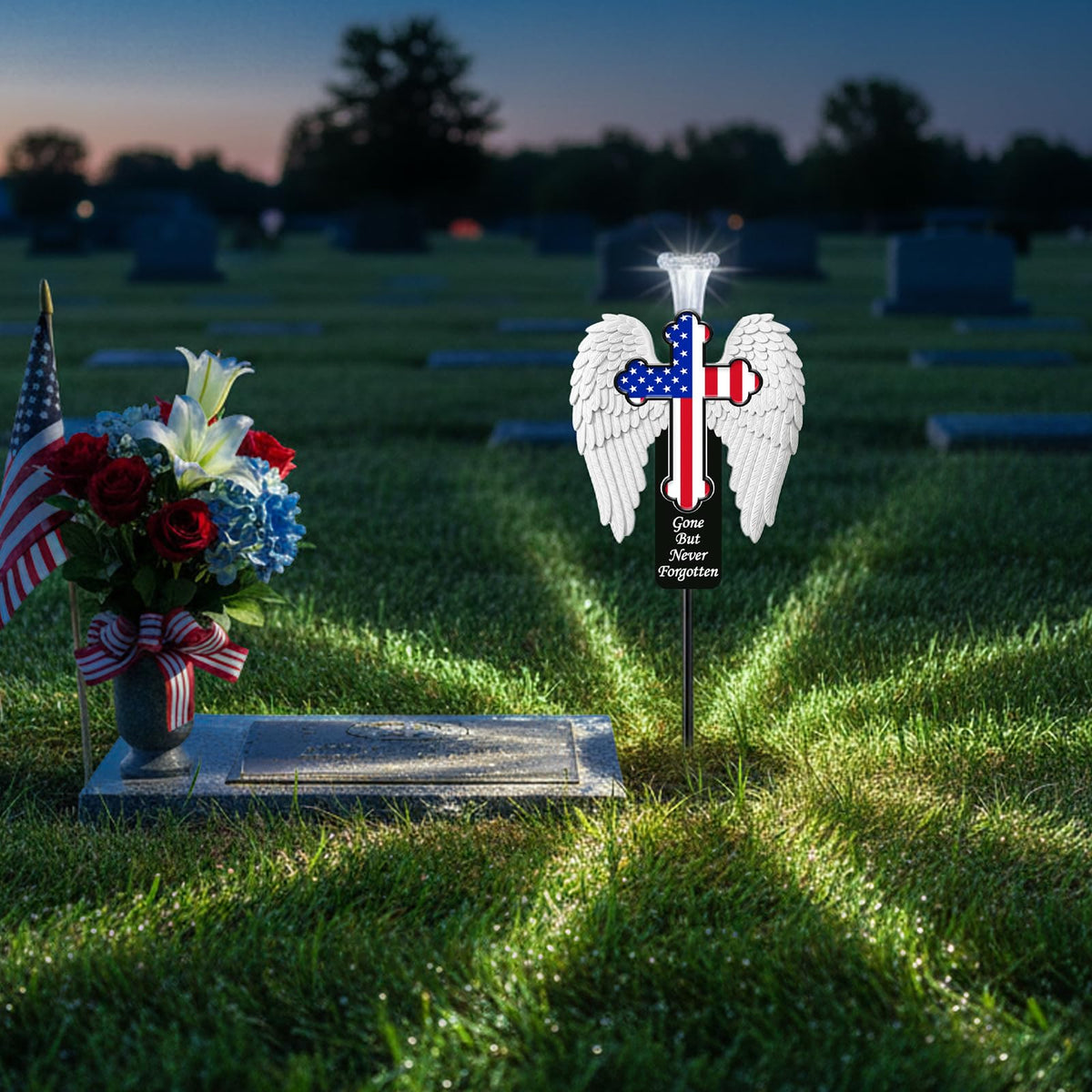 VKEVOC American Flag Eternal Light provides warm LED glow for nighttime remembrance.