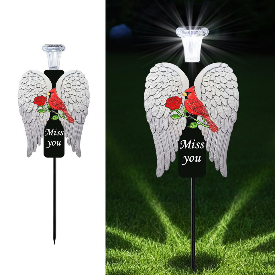 VKEVOC 20-inch angel wings stake with cardinal design for serene grave site remembrance.