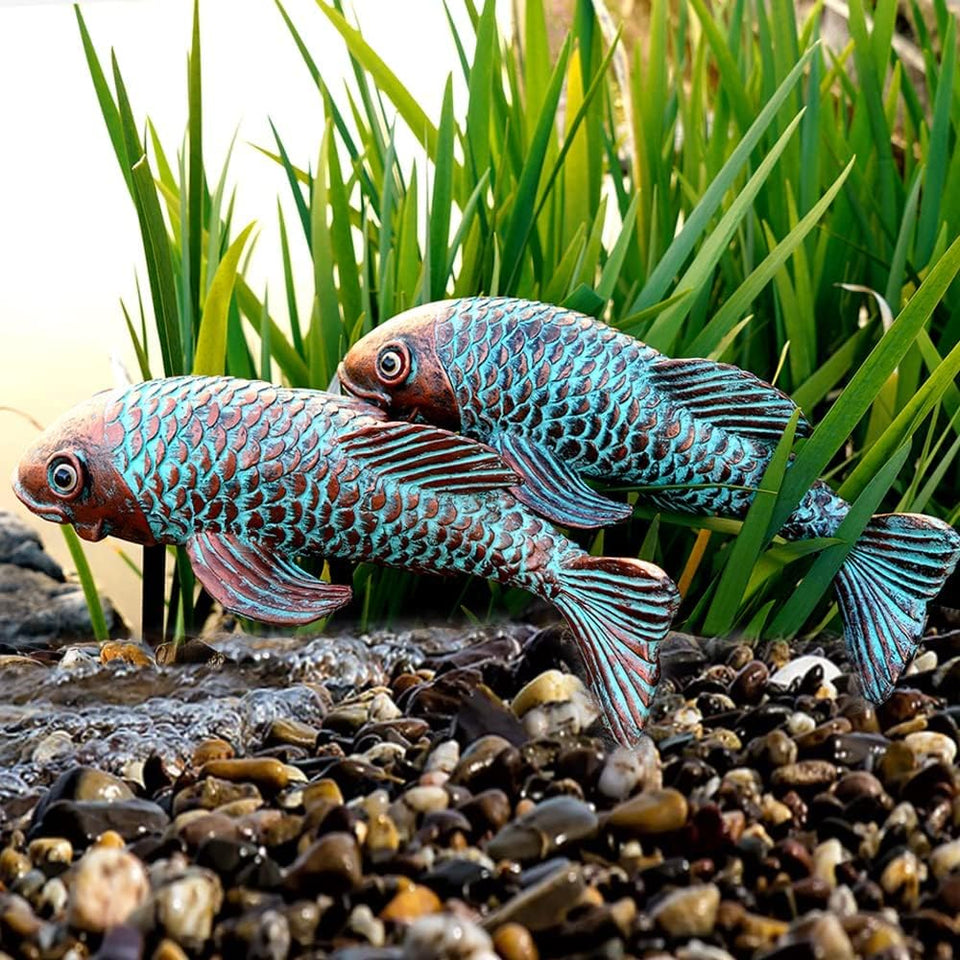 VKEVOC antique koi fish statue pair displayed on outdoor patio profile