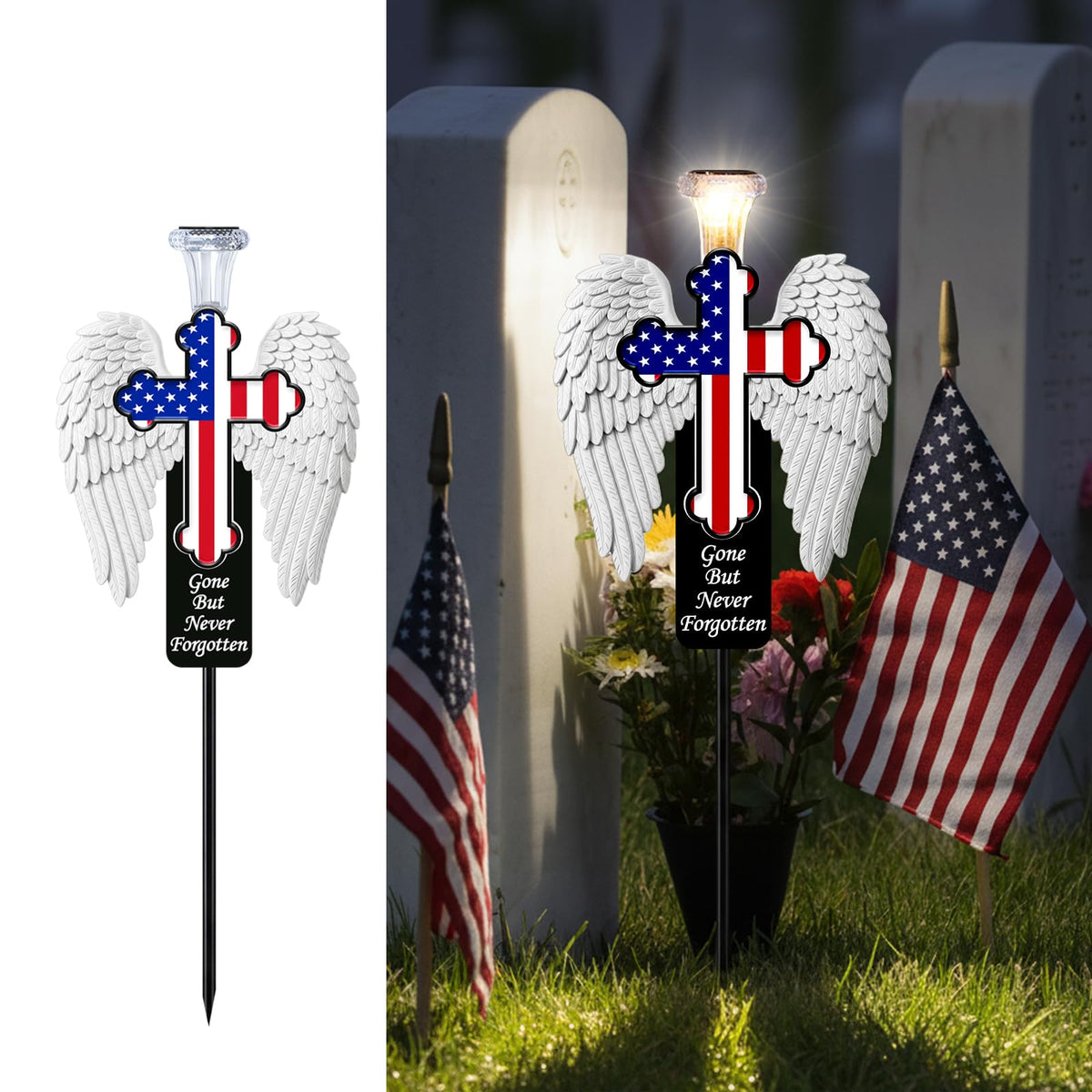 VKEVOC Solar Memorial Cross with Angel Wings—lasting tribute at gravesites.