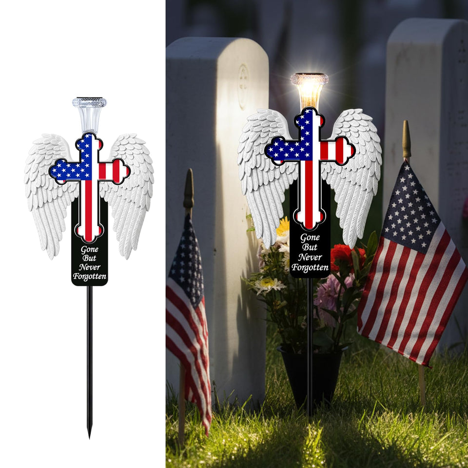 VKEVOC Solar Memorial Cross with Angel Wings—lasting tribute at gravesites.
