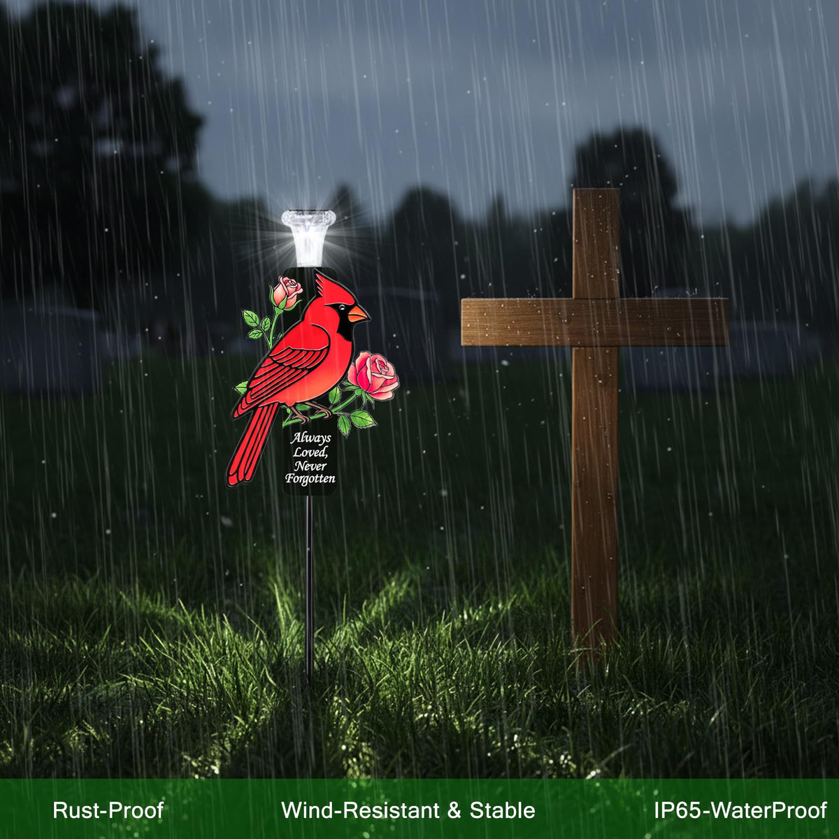 20-inch ground stake installs securely for a stable display.