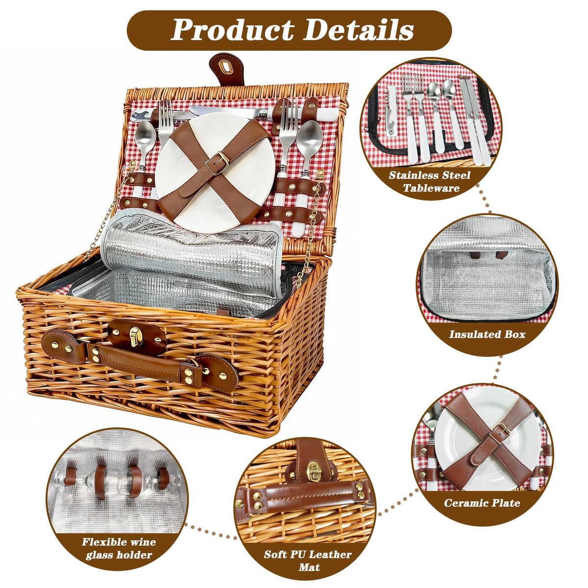 Vlaumiv picnic basket insulated compartment, keeps food and drinks at the right temperature.