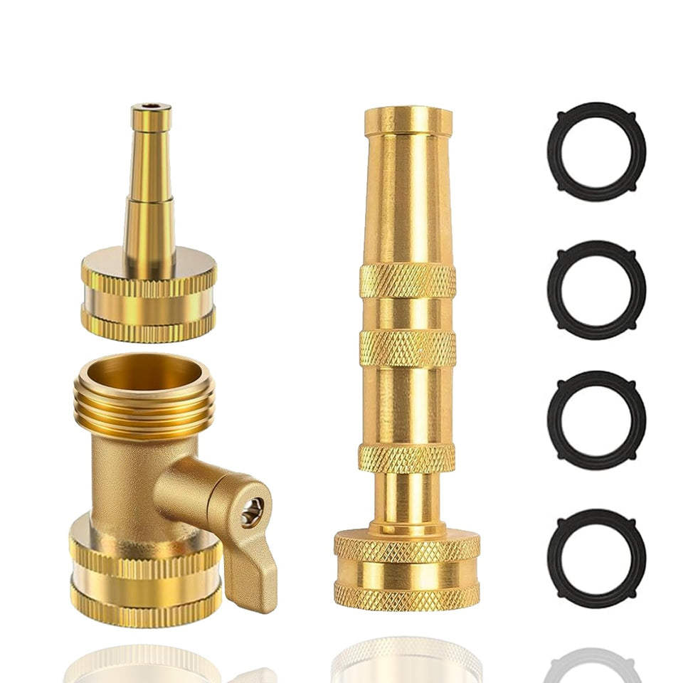 Vneirshah brass hose-nozzle-set with adjustable spray for versatile garden tasks.