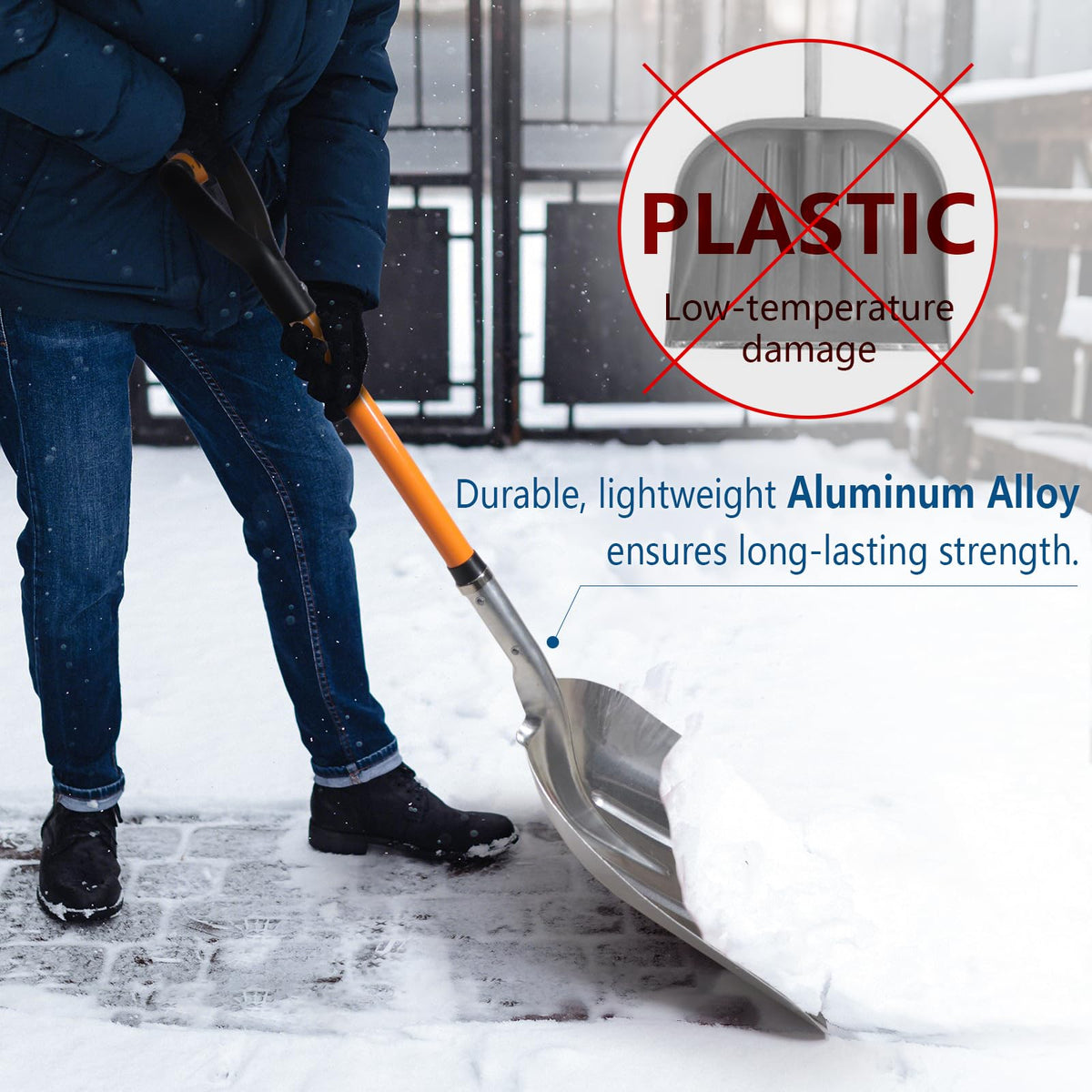 VNIMTI D-handle metal snow shovel provides strong grip during heavy snowfall