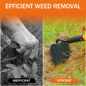 VNIMTI heavy-duty garden hoe reduces back strain during extended weeding sessions.